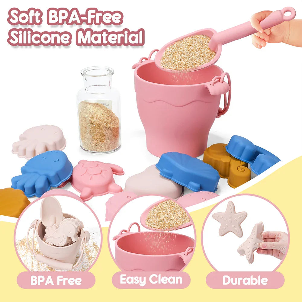 Complete kids' silicone beach toy set featuring a bucket, sieve, shovel, and various animal molds.