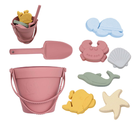 Durable eco-friendly silicone beach bucket and sand play set, ideal for toddlers' outdoor adventures.