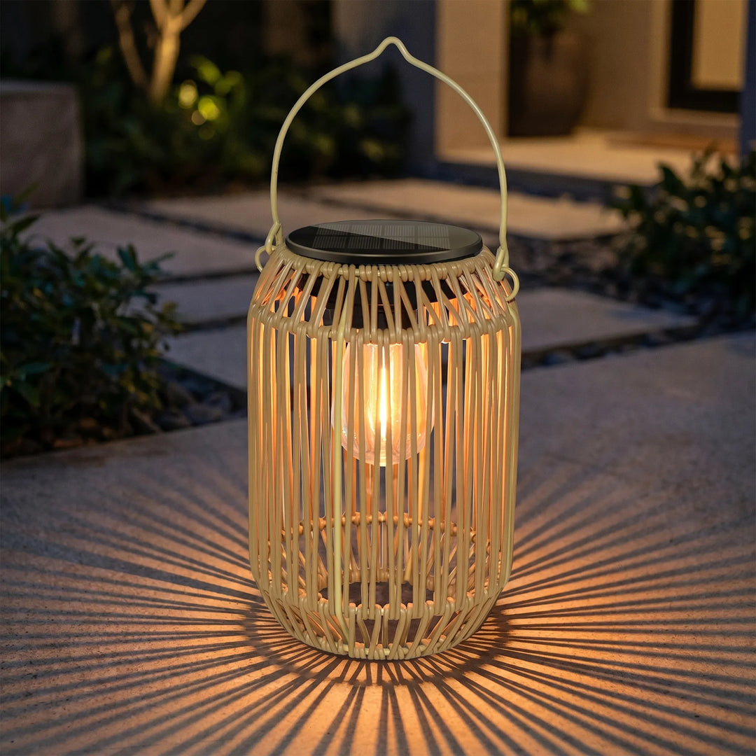 Eco-friendly solar woven lantern, perfect ambient lighting for garden pathways & patio decor. Automatic rattan lamp.
