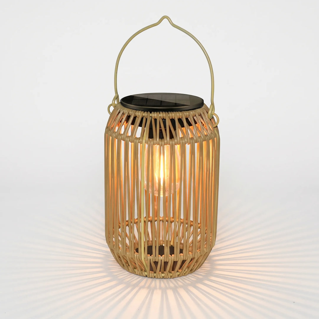 Stylish outdoor solar rattan lantern, ideal for patio decor & garden ambient lighting. Eco-friendly woven design.