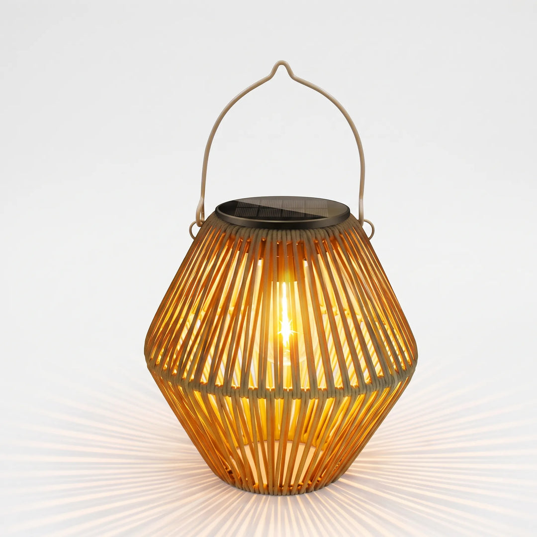 Versatile solar woven lantern for outdoor garden & patio decor. Eco-friendly bamboo design, automatic ambient light.
