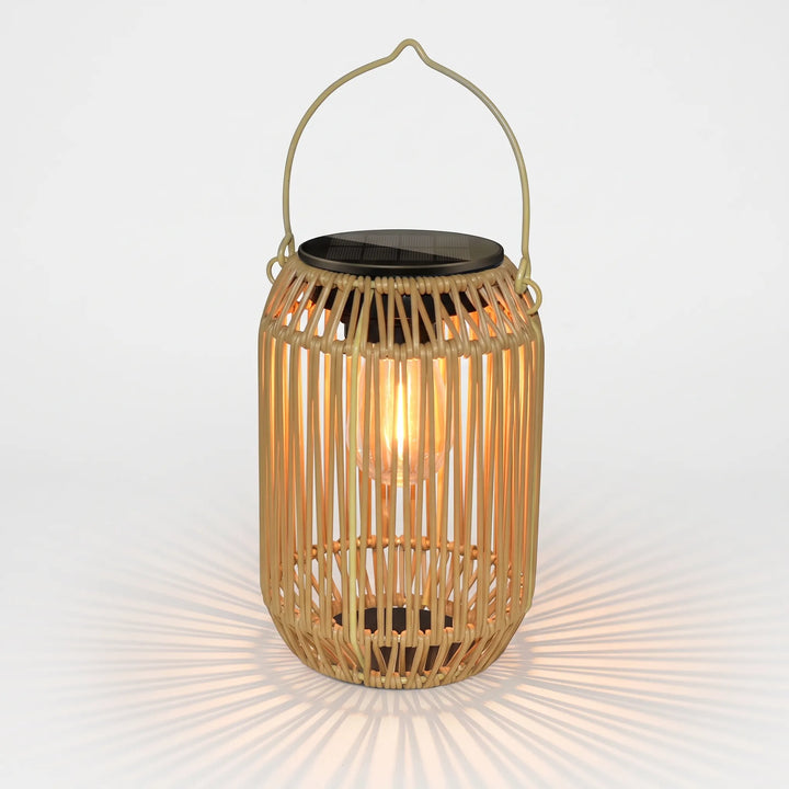 Handcrafted solar woven garden lantern with automatic ambient light. Ideal for patio decor & eco-friendly outdoor lighting.
