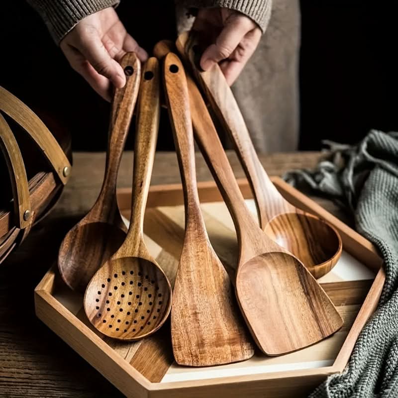 Eco-friendly teak wood kitchen utensil set. Sustainable cooking tools, nonstick safe, and ergonomic for daily use.