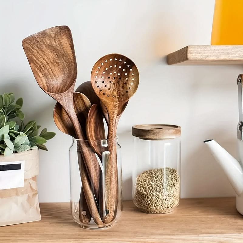 Premium teak wood kitchenware set, eco-friendly & sustainable. Ergonomic cooking utensils for nonstick pans.
