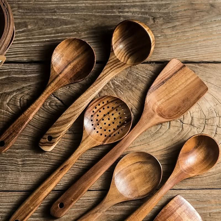 Durable teak wood kitchen utensils for cooking & serving. Nonstick safe, eco-friendly, and ergonomic kitchen tools.