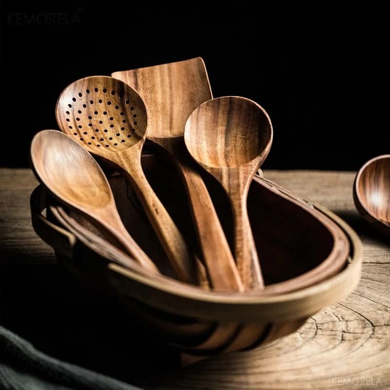 Complete eco-friendly teak wood kitchen utensil set. Sustainable, nonstick safe, and ergonomic cooking & serveware.