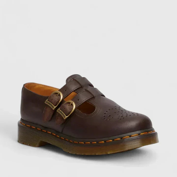 Punk-inspired women's Mary Jane flats with double buckles; edgy, comfortable, and unique design.