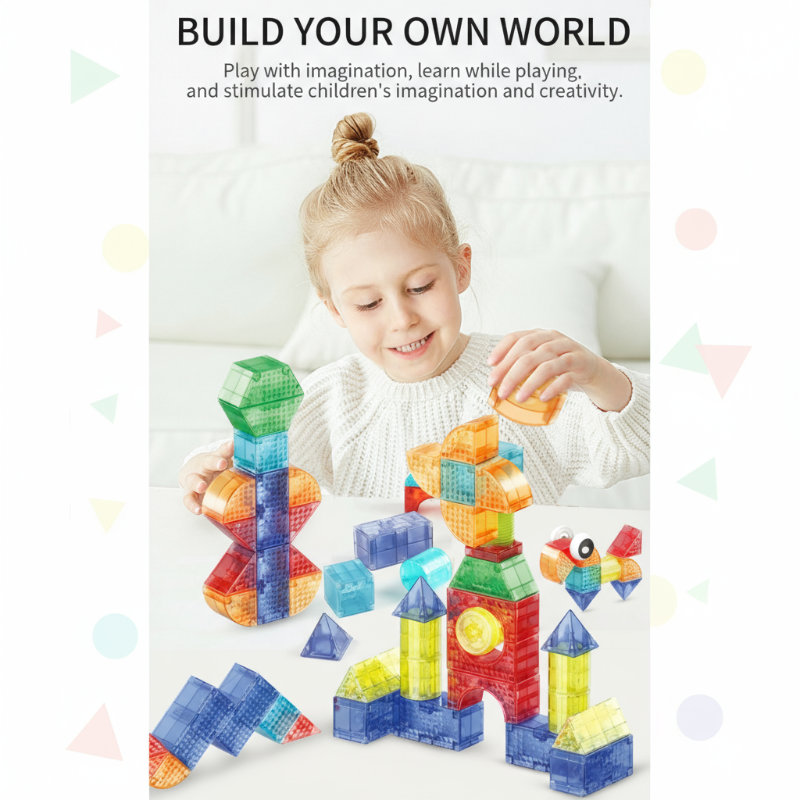 Magnetic tiles building blocks set, kids learning toy focusing on STEM skills and imaginative construction play.