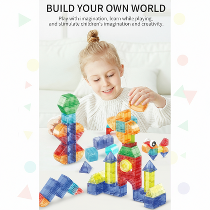 Magnetic tiles building blocks set, kids learning toy focusing on STEM skills and imaginative construction play.