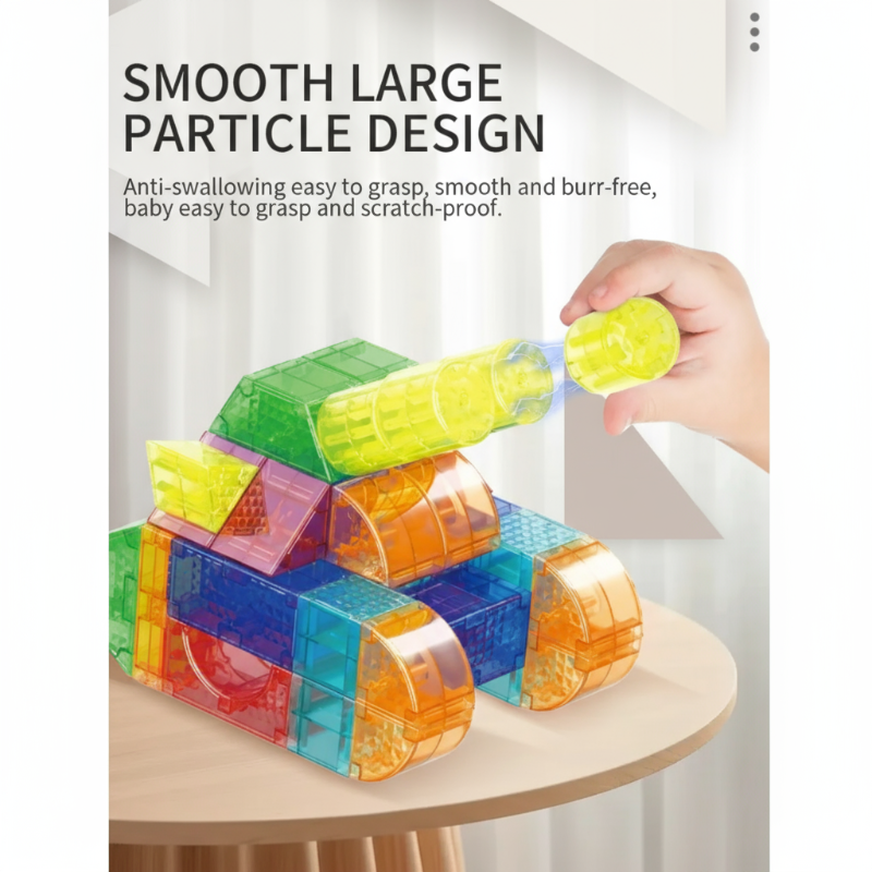Close-up of vibrant magnetic building blocks, ideal STEM toy for developing fine motor skills in kids.