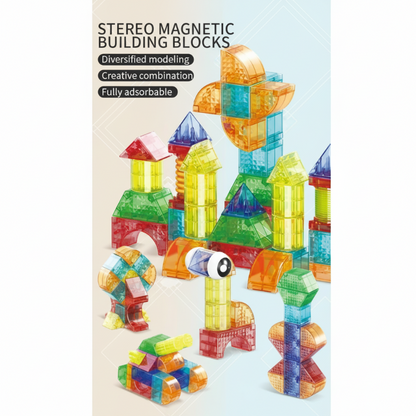 Kids building a house structure with colorful magnetic blocks, promoting imaginative and STEM-focused play.
