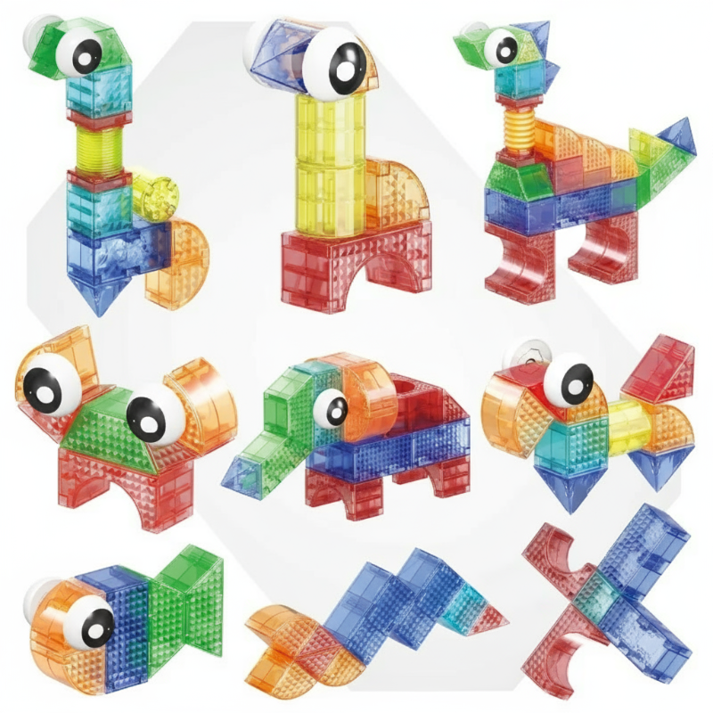 Set of magnetic building blocks and idea booklet, a fun and educational STEM toy for kids' development.