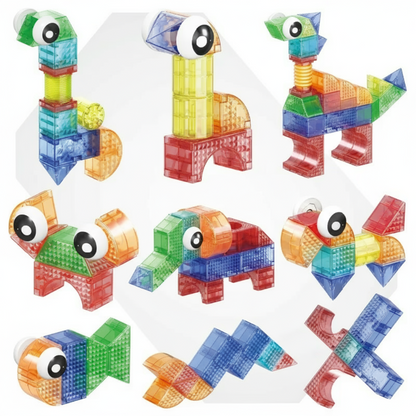 Set of magnetic building blocks and idea booklet, a fun and educational STEM toy for kids' development.