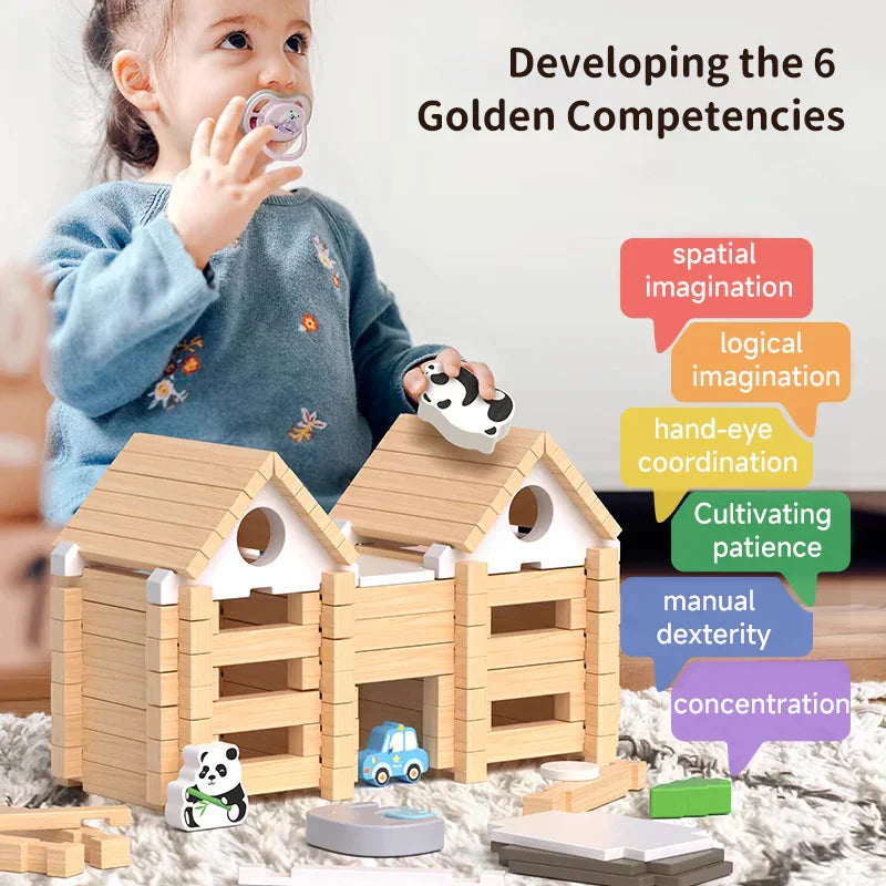 Kids building a mini house with educational construction blocks, fostering STEM skills