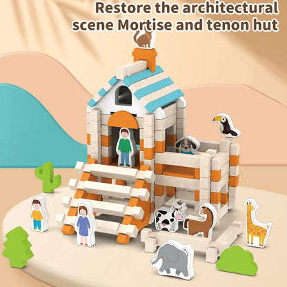 Close-up of a completed mini house from building blocks, detailed educational toy children