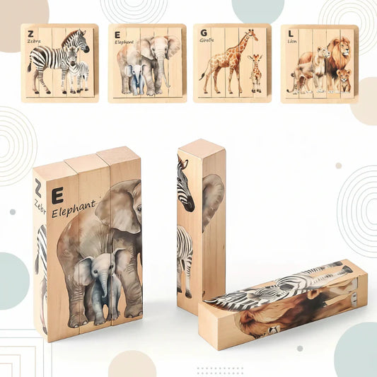Educational wooden animal block puzzle for toddlers, promoting motor skills and concentration.