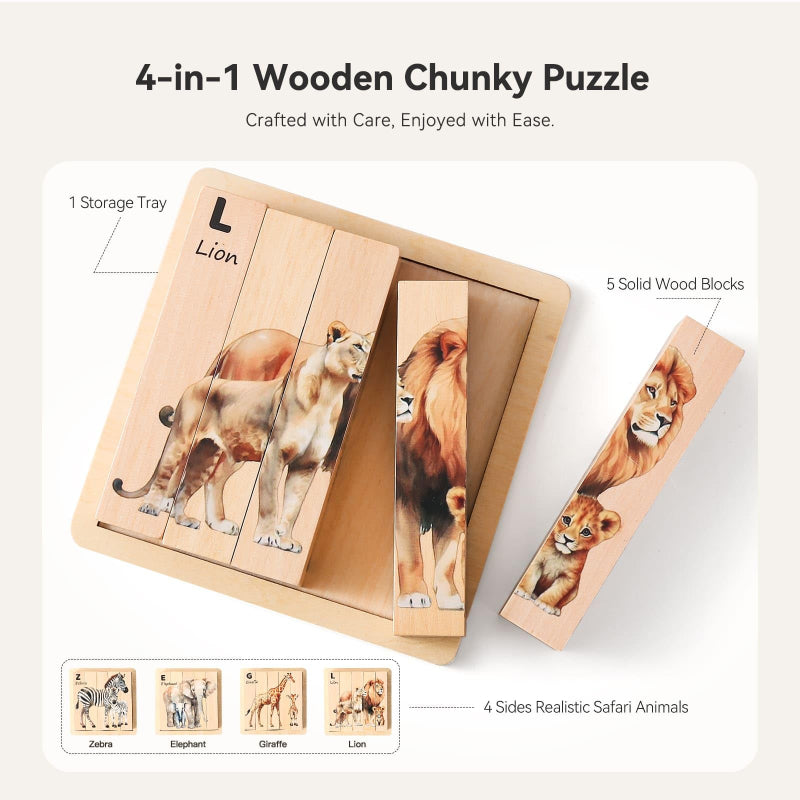 Vibrant wooden animal block puzzle, improving motor skills and cognitive development in kids.