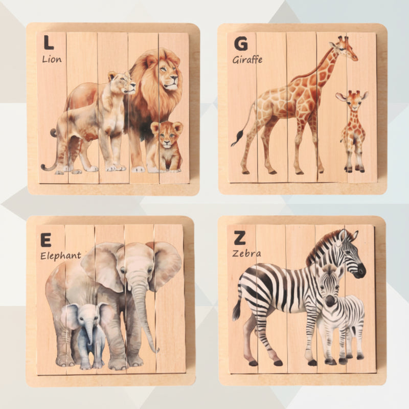 Montessori-inspired wooden animal block puzzle game, engaging children in interactive play.