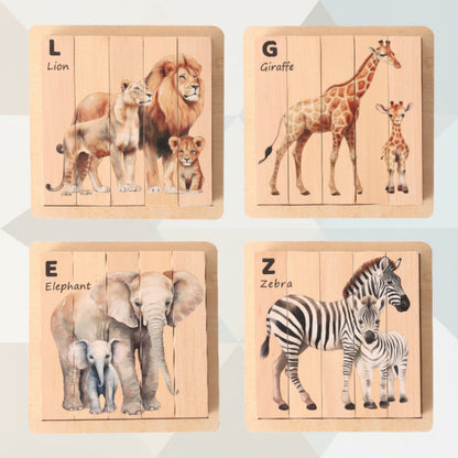 Montessori-inspired wooden animal block puzzle game, engaging children in interactive play.