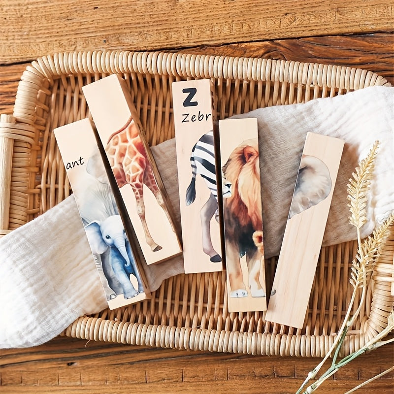Sustainable wooden animal block puzzle, a fun educational toy for developing young minds.