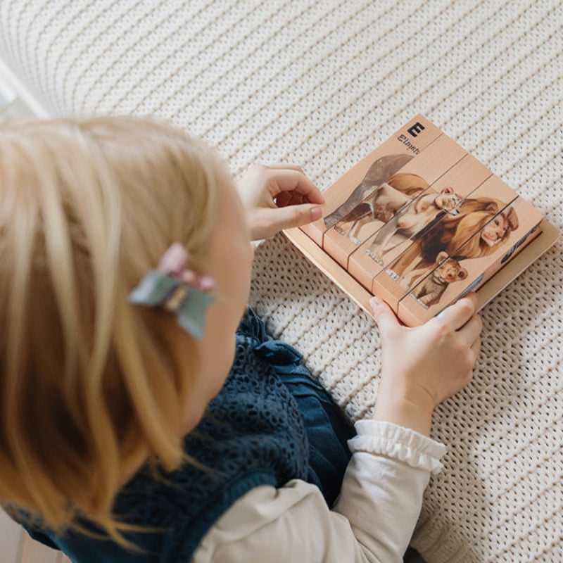 Interactive wooden animal block puzzle for kids, enhancing problem-solving and motor skills.