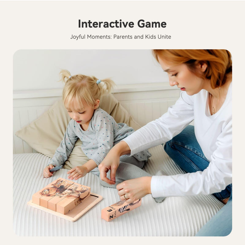 Educational wooden puzzle with animal blocks, designed for early childhood development.