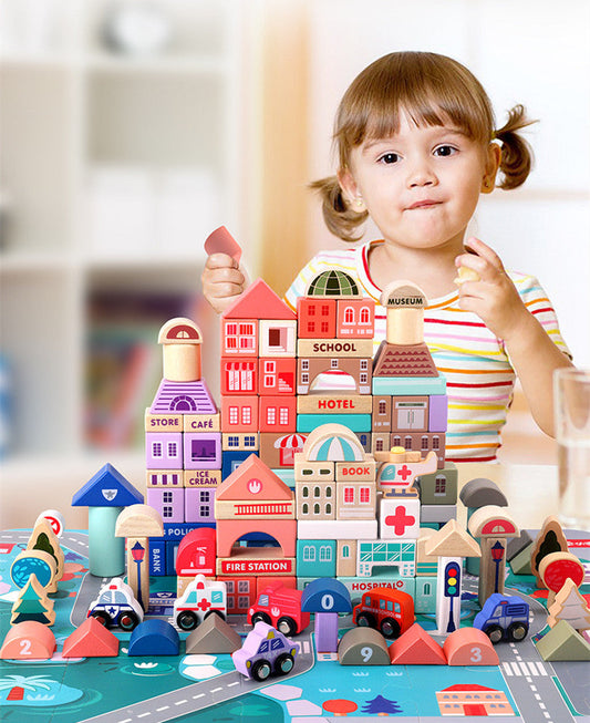 Educational wooden building blocks city set for preschool learning and toddler development.