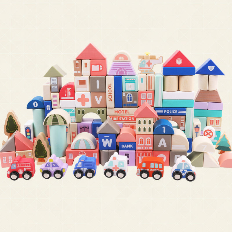 Colorful wooden blocks construction set, ideal educational toy for kids activity and creative play.