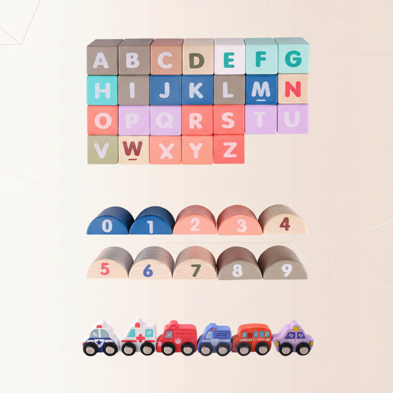 Wooden blocks city set with various shapes, an engaging educational toy for young children.