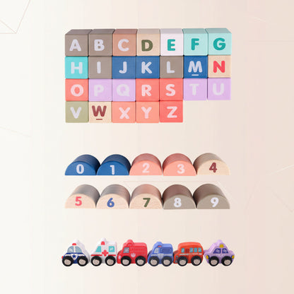 Wooden blocks city set with various shapes, an engaging educational toy for young children.
