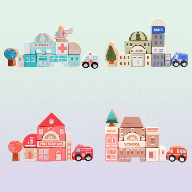 Kids activity construction set made of solid wood, perfect for imaginative building and learning.
