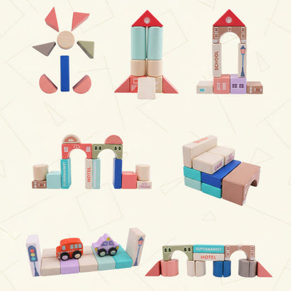 Preschool learning wooden blocks set, designed to spark creativity and develop cognitive skills.