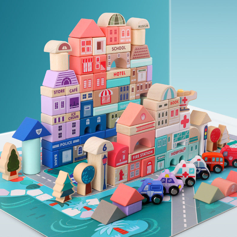 Educational solid wood block set, ideal for teaching shapes, colors, and spatial reasoning to kids.