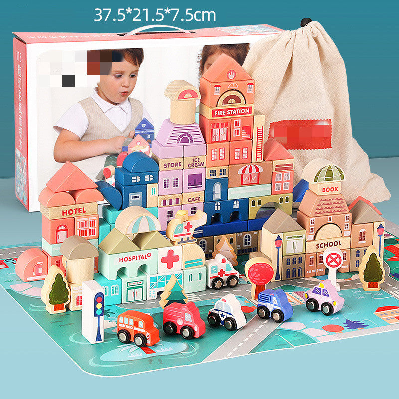 Vibrant wooden construction set, a fun and educational toy for hours of creative building play.