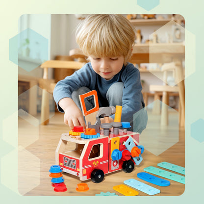 Educational wooden fire truck building toy, assembled, sparking creative play and fine motor skills.