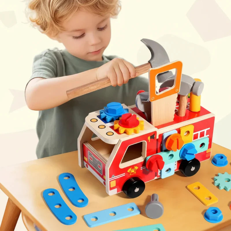 Wooden fire truck building kit for kids, a STEM toy promoting problem-solving and child development.