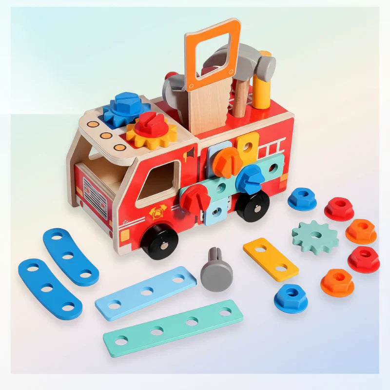 Unassembled wooden fire truck toy parts for a fun, educational building experience for children.