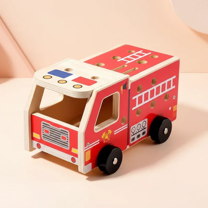 Close-up of wooden fire truck building kit pieces, showing quality and detail for assembly.