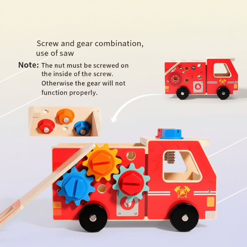 Educational wooden fire truck toy, perfect for young builders to enhance problem-solving abilities.