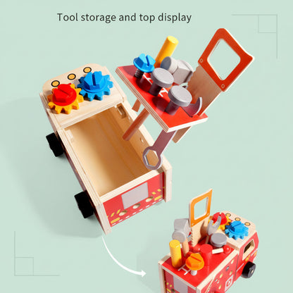 Wooden fire truck toy with child playing, demonstrating its use in developmental activities.
