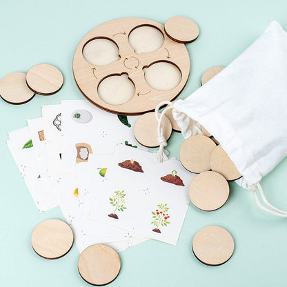 Close-up of a wooden life cycle puzzle, showing detailed stages of a frog, ideal for preschool learning.