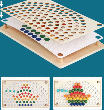 Vibrant wooden rainbow beads and small tweezers, part of an educational toy set for preschool learning.