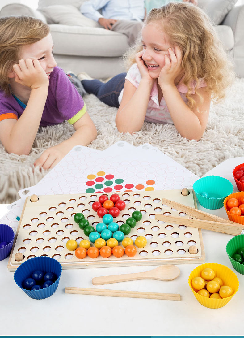 Complete set of educational wooden rainbow bead stacking toy with tweezers, an ideal puzzle for kids learning.