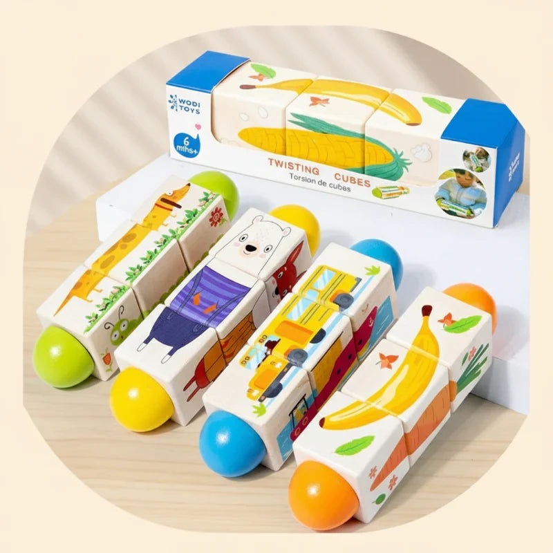 Preschool kids solving a wooden rotating puzzle, durable educational toy for problem solving