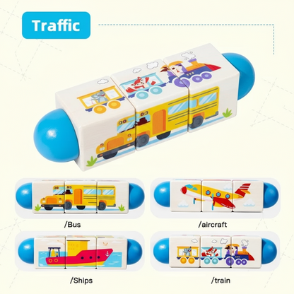 Top-down view of an educational wooden rotating puzzle, showcasing its unique design for kids