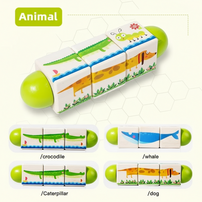 Preschool age kids playing with a wooden rotating puzzle, an ideal educational activity toy