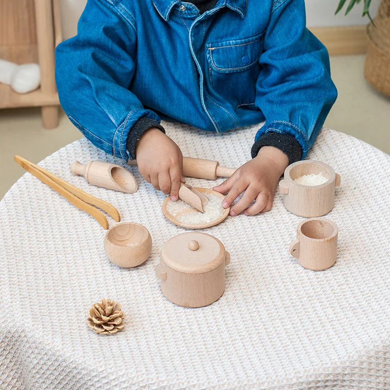 Kids wooden kitchen set featuring sensory elements, promoting fine motor skills development
