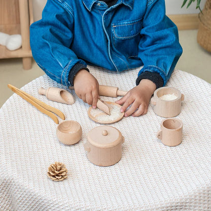 Kids wooden kitchen set featuring sensory elements, promoting fine motor skills development