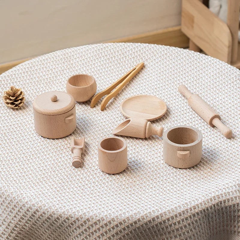 Montessori-inspired wooden play kitchen with interactive parts for engaging sensory play