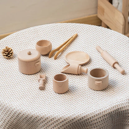 Montessori-inspired wooden play kitchen with interactive parts for engaging sensory play